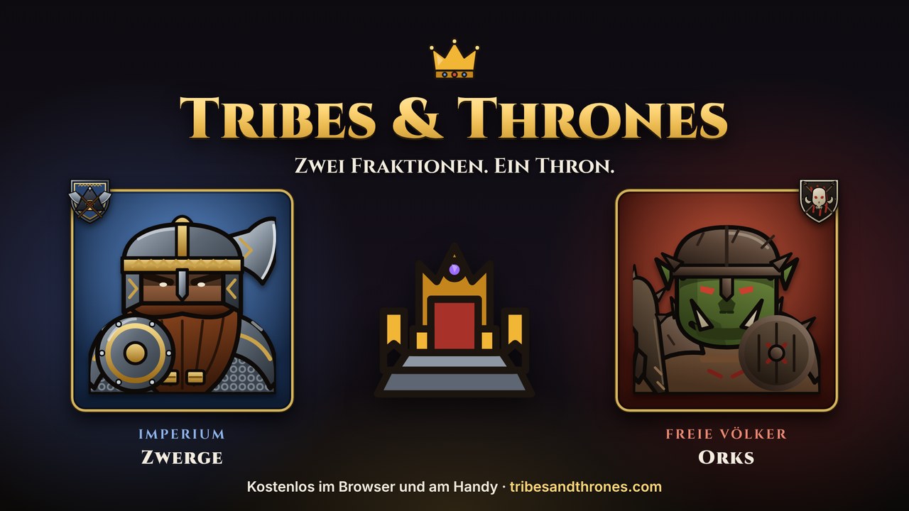 Tribes & Thrones: Zwei Fraktionen. Ein Thron. Ein Axtkämpfer der Zwerge und ein Prügler der Orks, dazwischen der Thron.